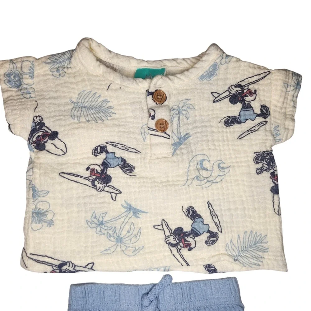 DISNEY Surfing Mickey Mouse Shorts Set Blue Cream Soft Cotton New‎ Born Baby